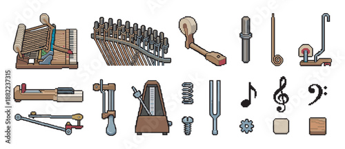 Pixel art set of piano parts and music icons showing the internal mechanism, hammer, strings, metronome, and tuning fork in a retro 8-bit video game style illustration