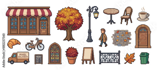 Pixel art collection of autumn town elements featuring a coffee shop facade, fall foliage tree, street lamp, bicycle, and various urban props in a retro 16-bit video game aesthetic