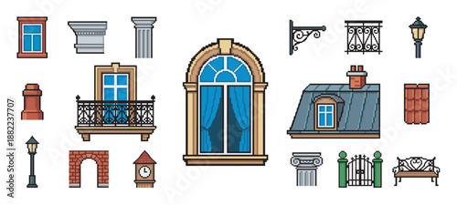 Pixel art collection of classic architectural elements including windows, balcony, columns, and a gate in a retro 8-bit video game style for a city building constructor set