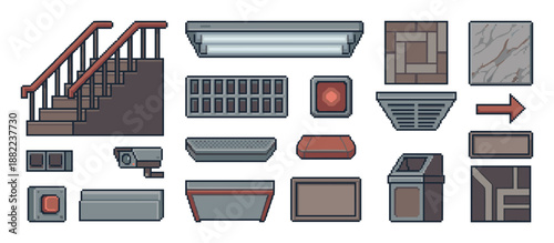 Pixel art game asset set with industrial and urban elements like stairs, a security camera, buttons, and tiles, created in a retro 8-bit style for video game level design
