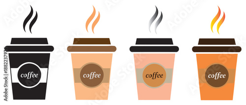 A vibrant set of four steaming coffee cups in varied colors, perfect for beverage-related designs