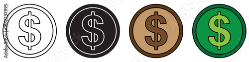 Four dollar sign coin icons in various styles including outline, solid, brown, and green