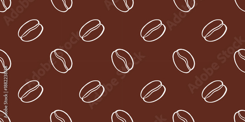 Vector seamless pattern with white outline coffee bean on dark brown background. Minimal roasted coffee texture for cafe branding, packaging, wallpaper, textile and kitchen decor design.