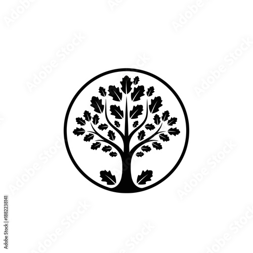 Stylized oak tree with leaves inside a black circle on a white background