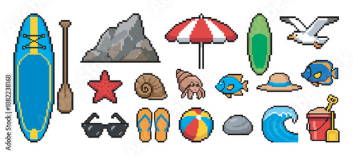 Collection of pixel art beach icons featuring a paddleboard, surfboard, umbrella, seashell, and tropical fish in a retro 8-bit video game style for summer vacation themes