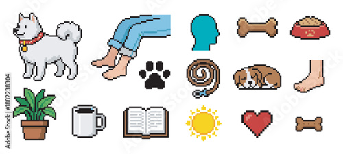 Charming pixel art collection of icons featuring a cute white dog, a sleeping puppy, pet supplies, and cozy home life elements in a retro 8-bit video game style