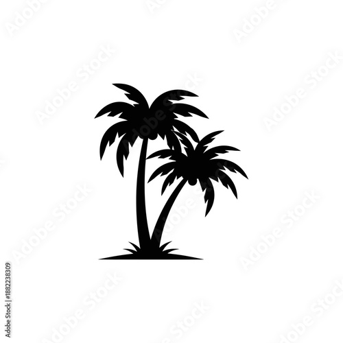 Silhouette of two palm trees with fronds against white background