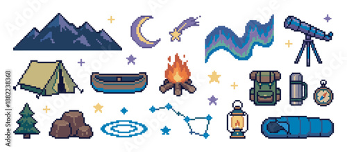 Large set of pixel art camping and stargazing icons showing a tent, campfire, telescope, aurora, and mountains in a classic retro 8-bit video game design