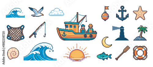 Set of pixelated sea and fishing icons including a boat with fishermen, waves, a lighthouse, an anchor, and a seagull in a retro 8-bit graphic style