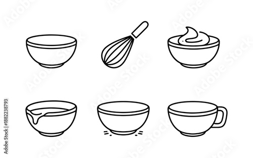 Collection of simple line art icons depicting kitchen bowls and a whisk