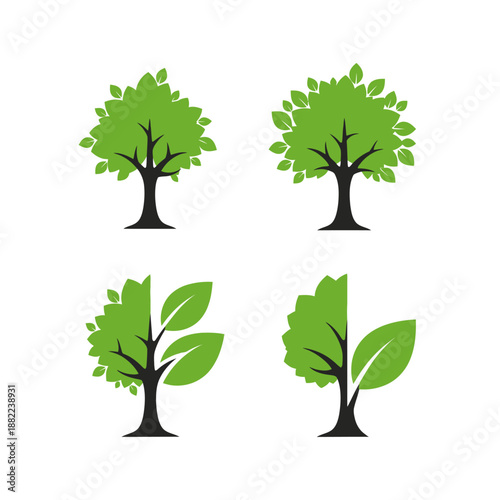 Four stylized green trees with black trunks and branches on a white background