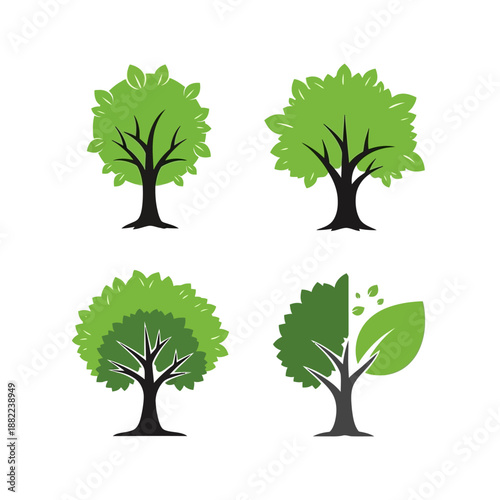 Four stylized trees with green foliage and black trunks