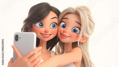 Valentine's Day: Two cartoon women taking a playful selfie video together with big smiles