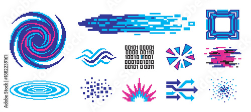 Set of retro pixelated abstract graphic elements in blue and pink, including digital glitch effects, swirls, arrows, and binary code for a vintage 8-bit computer game aesthetic