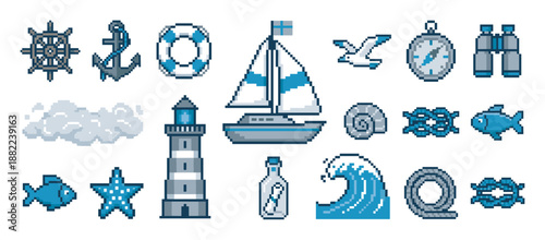 Set of nautical pixel art icons featuring a sailboat, lighthouse, anchor, and compass, designed in a classic blue and gray 8-bit retro video game graphic style
