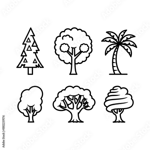 Six stylized outline icons representing different types of trees