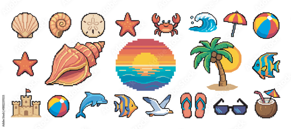 Obraz premium Collection of colorful pixel art icons featuring summer beach and vacation elements like a palm tree, seashell, crab, and sunset in a retro 8-bit video game style illustration set