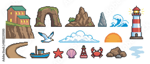 Charming pixel art set of coastal icons featuring a lighthouse, cliffside house, seagull, crab, and boat in a classic 8-bit retro video game style