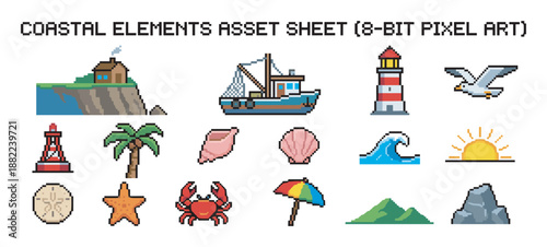 Collection of retro 8-bit pixel art icons with a coastal theme, showing a lighthouse, boat, crab, shells, and a palm tree for video game development
