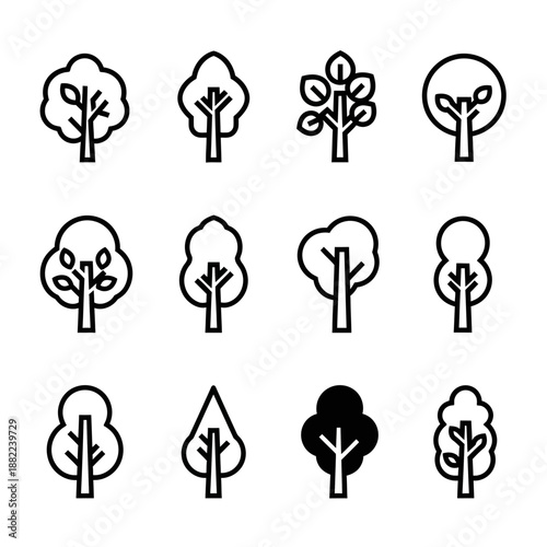 Collection of 12 distinct outline and filled tree icons