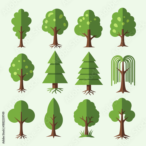 Twelve simple, flat-design illustrations of various green trees and conifers