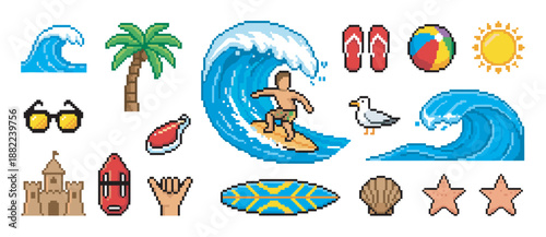 Set of pixel art summer beach icons featuring a surfer on a wave, palm tree, sun, and sandcastle in a vibrant, retro 8-bit video game style illustration