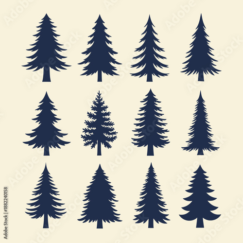 Twelve evergreen tree silhouettes of varying shapes on a tan background