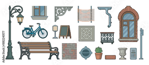 Set of urban city street elements in a flat cartoon vector illustration style, including a park bench, lamppost, bicycle, window, paving stones, and various architectural details