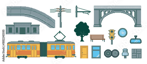 Collection of pixel art city objects including a yellow tram, stone bridge, traffic light, and other urban elements for a retro video game design or digital illustration