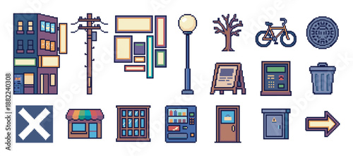 Set of pixel art city elements featuring a building, utility pole, bicycle, vending machine, and street furniture for a retro 8-bit video game design project