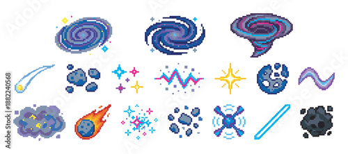 Colorful set of pixel art space icons for video games featuring galaxies, asteroids, comets, meteors, and explosions in a retro 8-bit graphic style