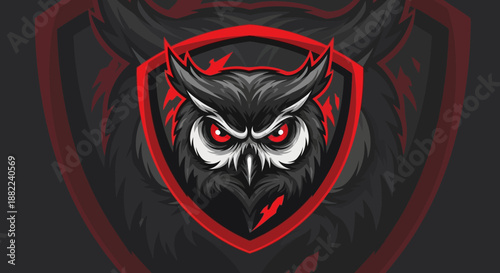 Bold owl illustration with red eyes on shield emblem for design element