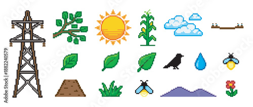 Collection of pixel art icons featuring nature and environmental elements like a sun, clouds, plants, and an electricity pylon in a retro 8-bit video game style