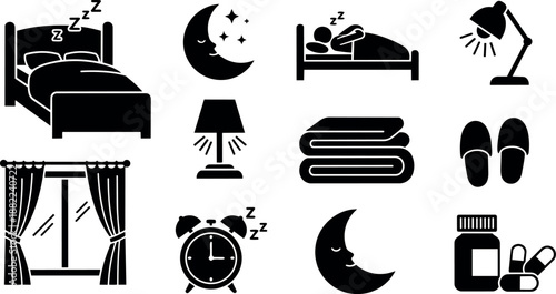 Black silhouette vector icons of sleeping bed moon lamp clock curtains slippers blanket and medication capsules
