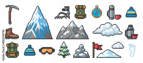 Pixel art set of mountain climbing icons including a snowy peak, backpack, ice axe, and hiking equipment for a retro 8-bit video game adventure or exploration theme