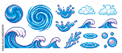 Pixel art water effects set with waves, splashes, swirls, clouds, and bubbles for retro video game design, a collection of 8-bit liquid and weather elements for animation