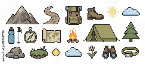 Collection of pixel art hiking and camping icons featuring a mountain, backpack, tent, compass, and campfire in a retro 8-bit video game style for adventure and travel themes