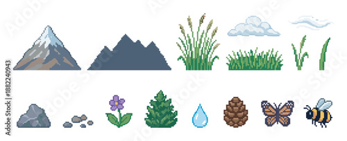 Collection of pixel art nature icons featuring a mountain, flower, bee, butterfly, pinecone, grass, and cloud for a retro video game asset pack or digital design