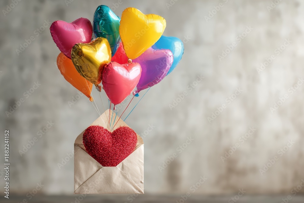 Fototapeta premium Colorful heart-shaped balloons floating from love letter on gray background 
