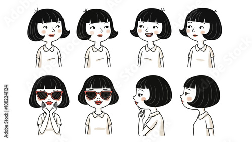 Cartoon girl character with various expressions and hairstyles on white background
