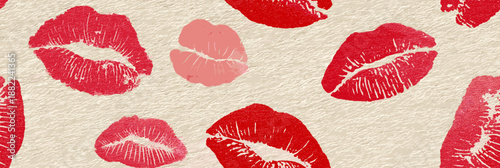 Red lipstick kiss marks covering a cream textured paper surface, creating a playful pattern. Red lipstick kiss marks seamless pattern on textured paper