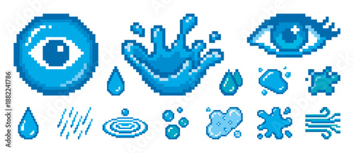 Pixel art icon set of blue water elements and crying eyes for a retro 8-bit video game, featuring drops, splashes, tears, and wind symbols in a classic digital style