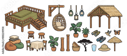 Collection of pixel art safari and jungle themed icons featuring a wooden bungalow, hanging chair, thatched hut, binoculars, and tropical plants in a retro 8-bit style