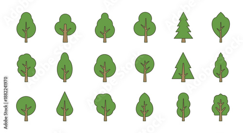 Collection of stylized green trees in various shapes for graphic design