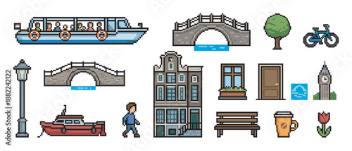 Collection of European city pixel art icons including a canal boat, stone bridge, bicycle, and traditional architecture in a retro 8-bit video game graphic style