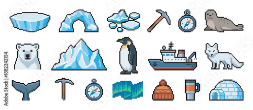 Set of pixel art arctic icons featuring a polar bear, penguin, iceberg, and exploration equipment in a retro 8-bit video game style for creative design projects
