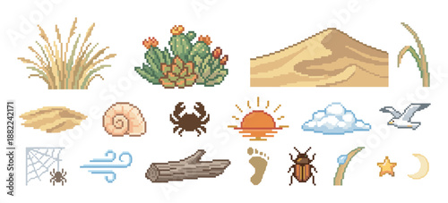 Set of pixel art nature icons for a retro video game, featuring beach and desert elements like a sand dune, cactus, crab, seashell, sunset, and various wildlife