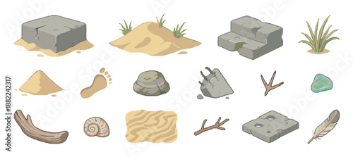 Set of isometric pixel art game assets featuring natural elements like stone, sand, grass, and various objects for creating a desert or beach level environment