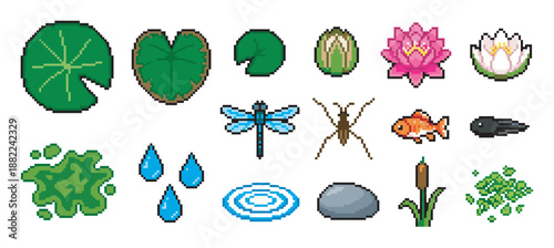 Set of pixel art pond life icons featuring a lily pad, dragonfly, water lily, goldfish, tadpole, and other swamp elements in a retro 8-bit video game style illustration