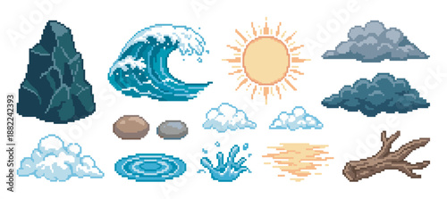 Pixel art nature elements set featuring a large ocean wave, sun, clouds, rocks, water splashes, and a tree branch for a retro video game design asset collection